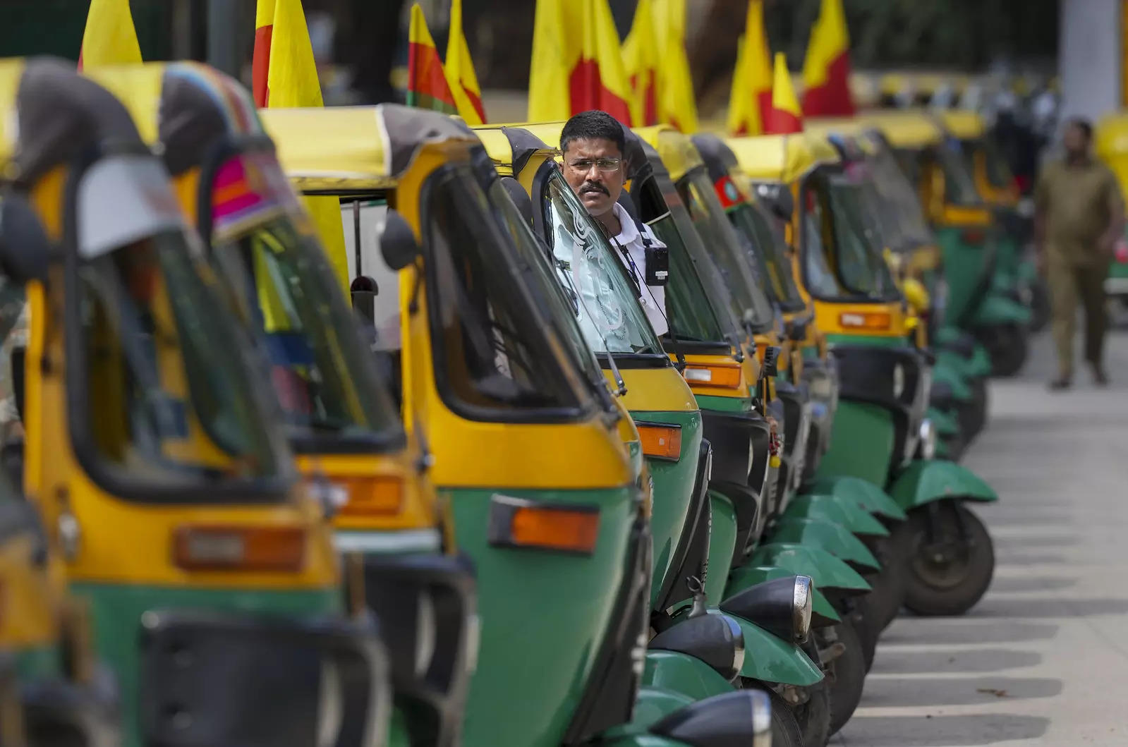 Bengaluru: Auto rickshaws parked during a protest of Bengalore Auto Drivers Unio...